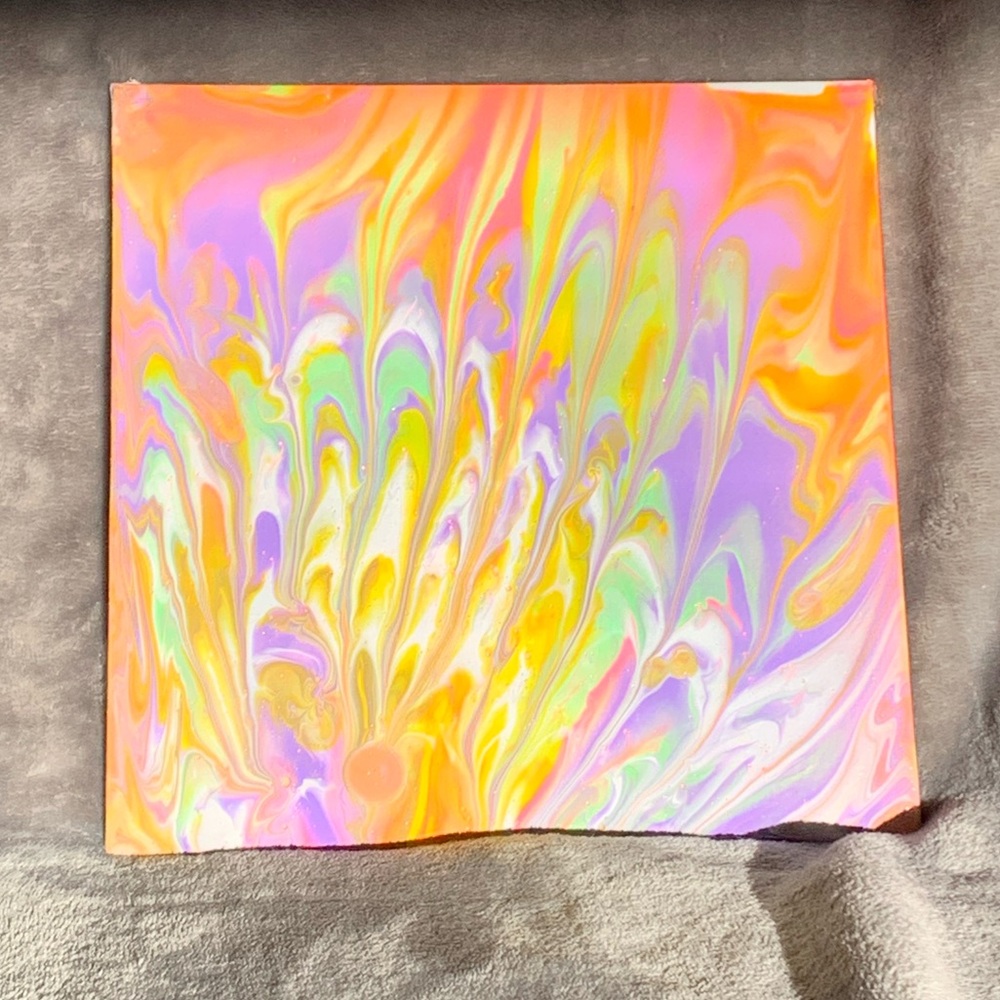 Original Paint Pour Art! 8x8 canvas board with neon pink, purple, green & white